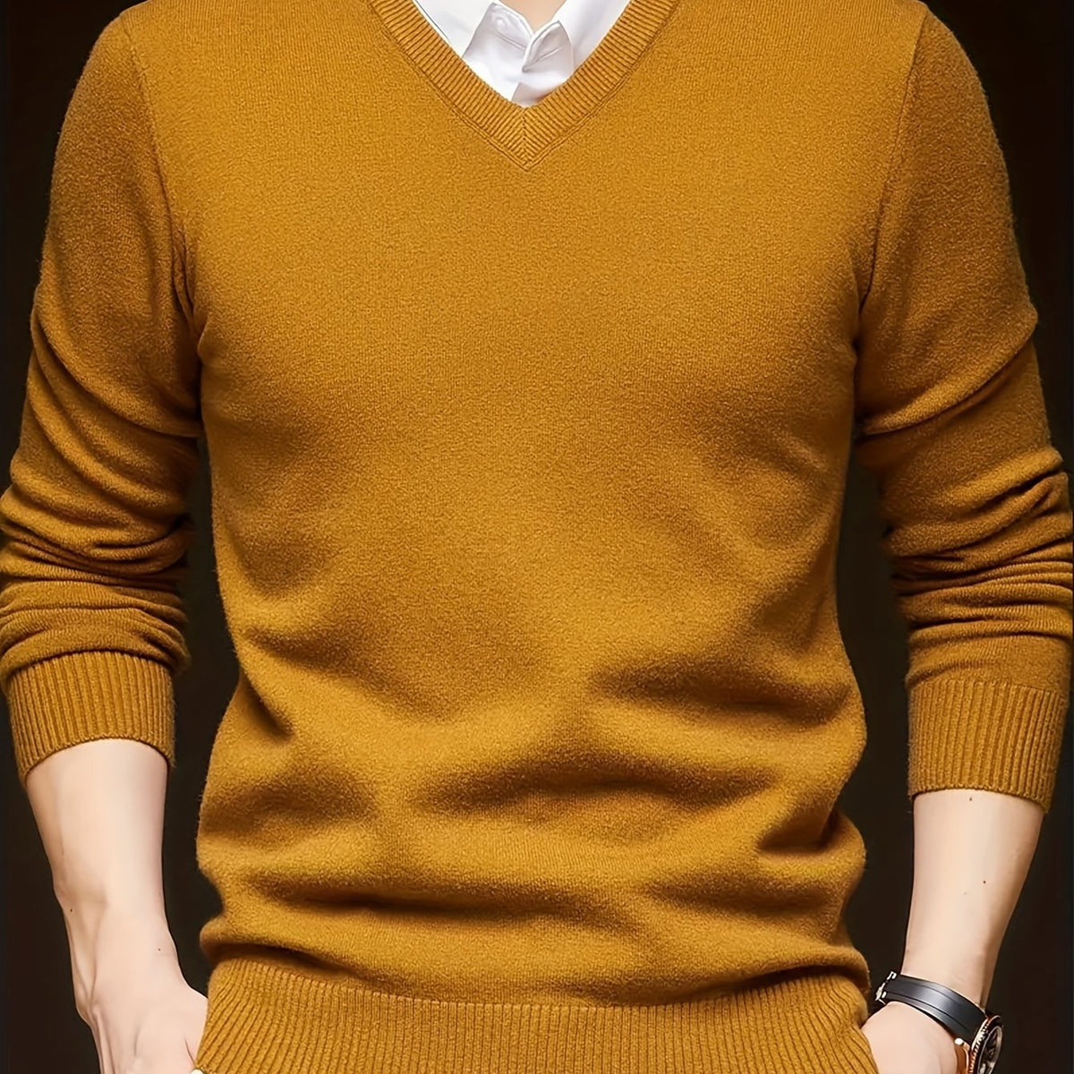 Cross-Border New Autumn Winter Men'S Solid Color V-Neck Knit Sweater Pullover (Men'S Warm Top) - orange yellow / NZ 36