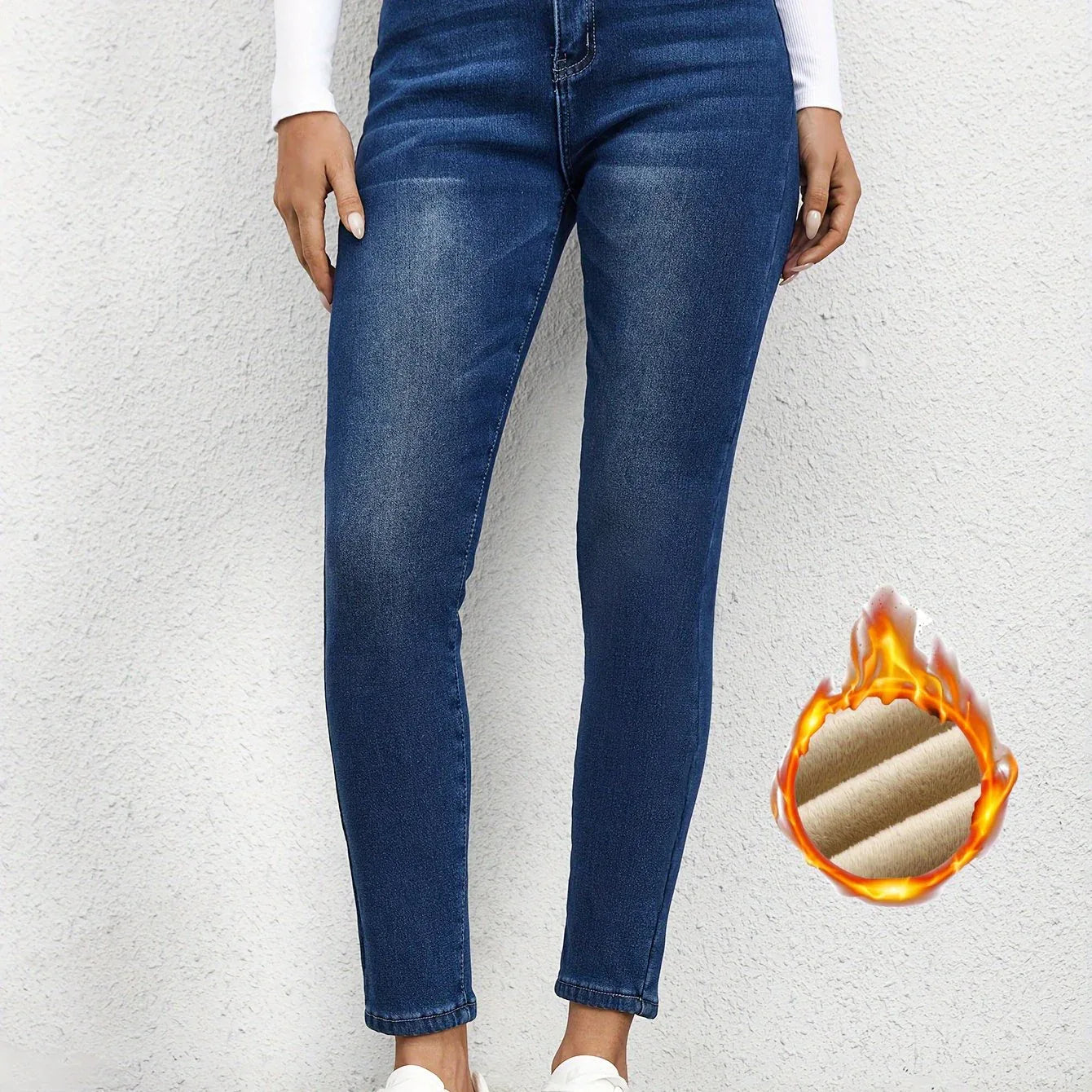 Plain Fleece Liner Skinny Jeans, Slim Fit Mid-Stretch Keep Warm Casual Denim Pants, Women's Denim Jeans & Clothing