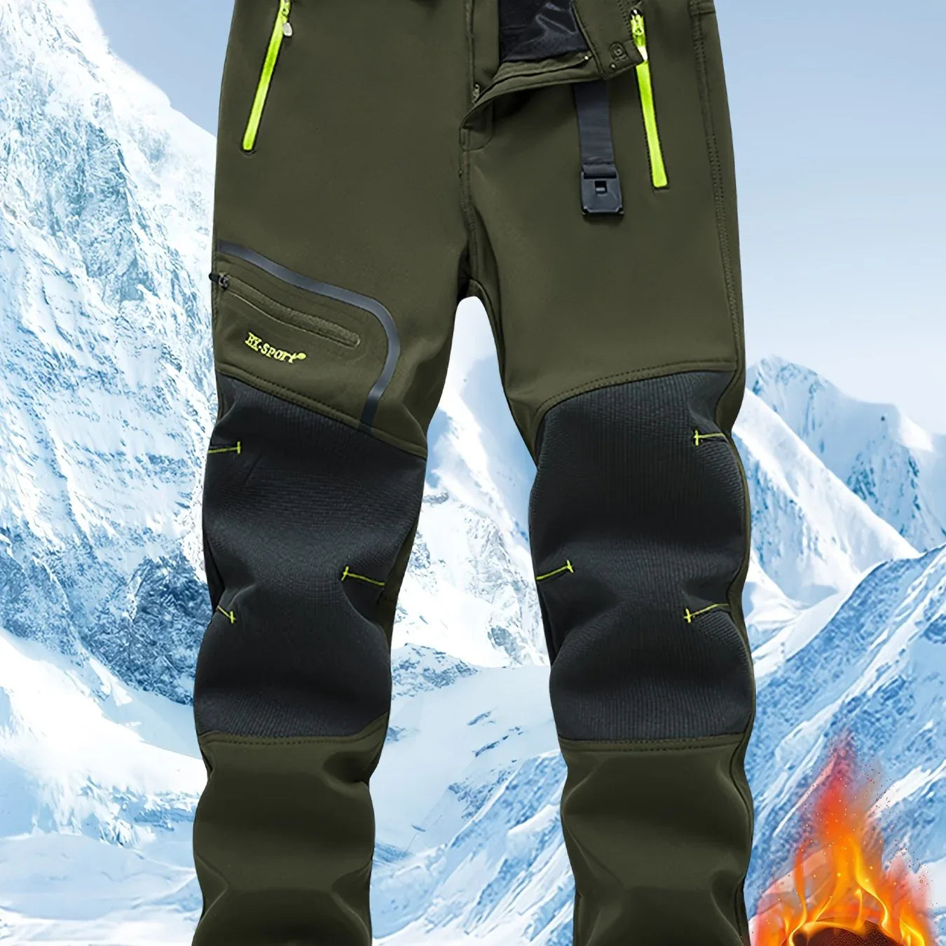 Men's Warm Windproof Cargo Pants with Belt & Zippered Pockets - Olive Green, Black & Yellow Accents, Perfect for Winter Outdoor Activities & Casual Wear, Winter Clothes