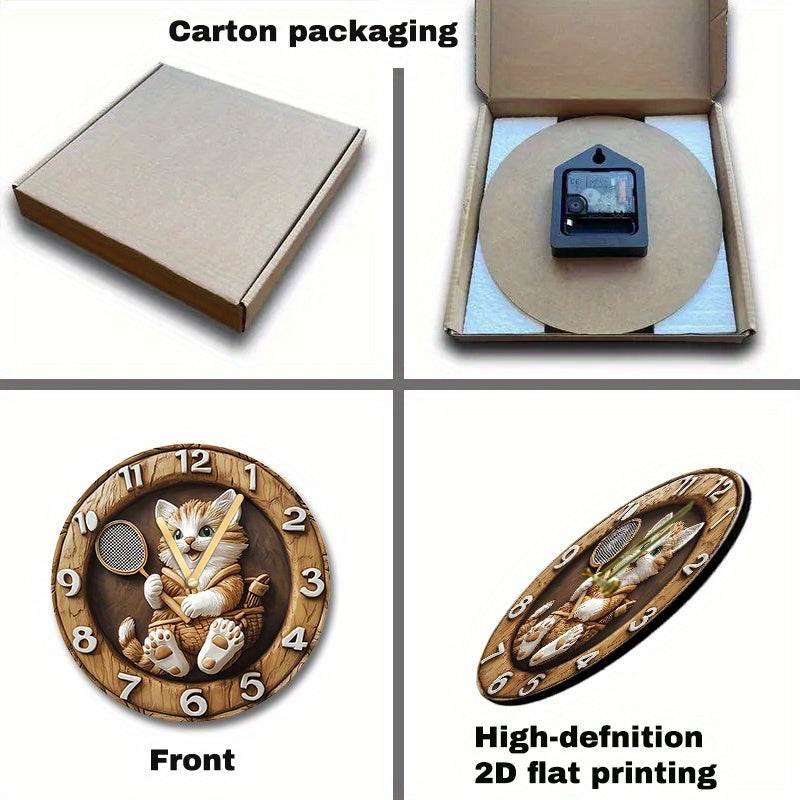 Charming Kitten Badminton Wooden Wall Clock Silent Decor - Montero Milan