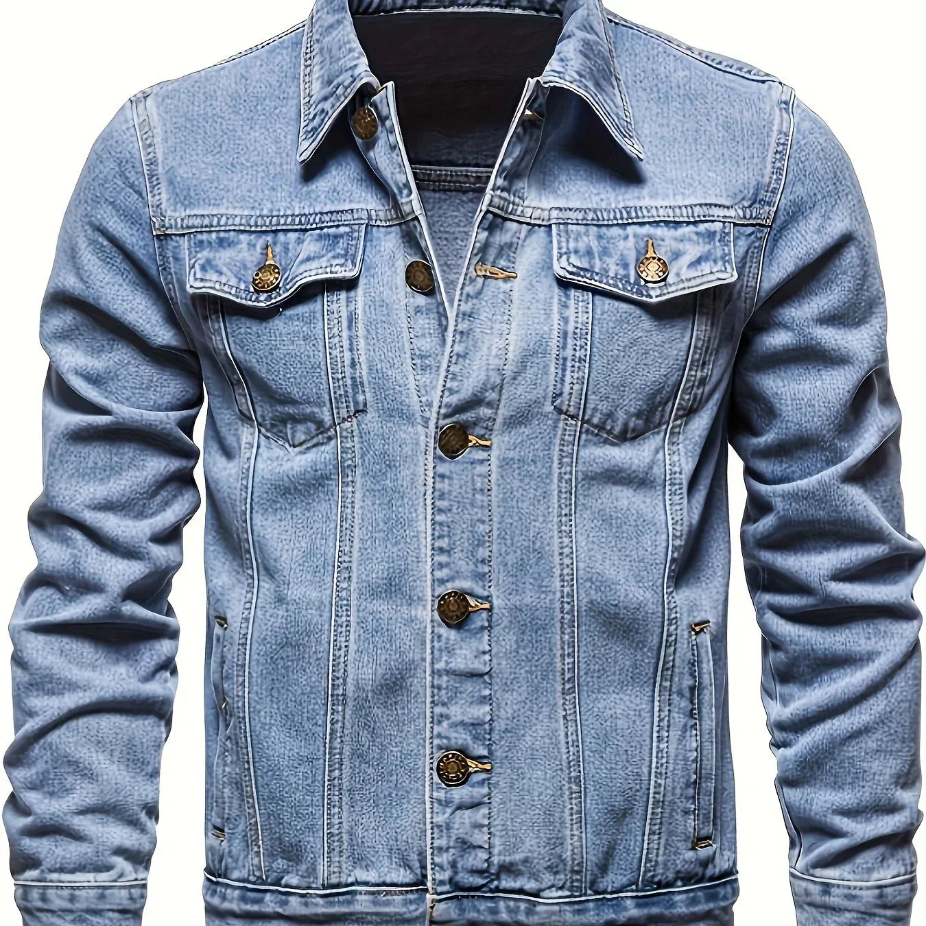 Men's Classic Blue Jeans-like Jacket - Button-Front Closure, Non-Stretch Denim, Relaxed Fit with Chest Pockets - Machine Washable Casual Everyday & Formal Wear Coat for Men