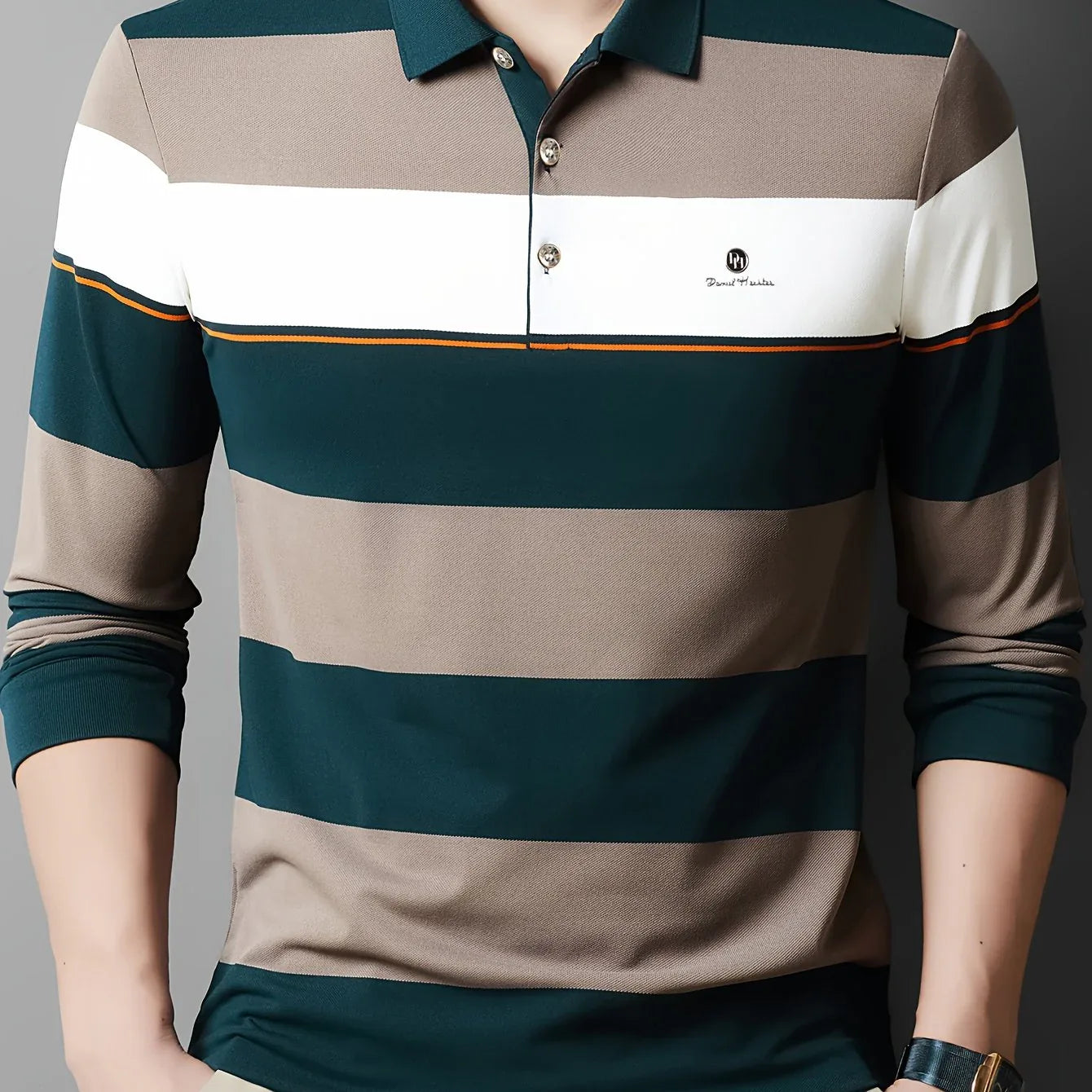 Men'S Long Sleeve Shirt - Formal & Casual Button-Up Shirt with Dark Green & Beige Horizontal Stripes, Button-Front Placket, Non-Stretch Fabric for Office, Golf, Casual Attire - Spring/Fall Wardrobe Essential, Spring Fashion,