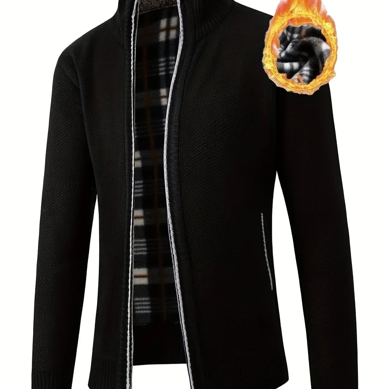Men'S Thick Fleece Zip-Up Cardigan - Casual Long Sleeve Knit Sweater with Stand Collar, Solid Color, Regular Fit for Fall/Winter, Comfortable Layering Piece, Winter Cardigan, Autumn Outerwear, Modern Casualwear, Durable Fabri
