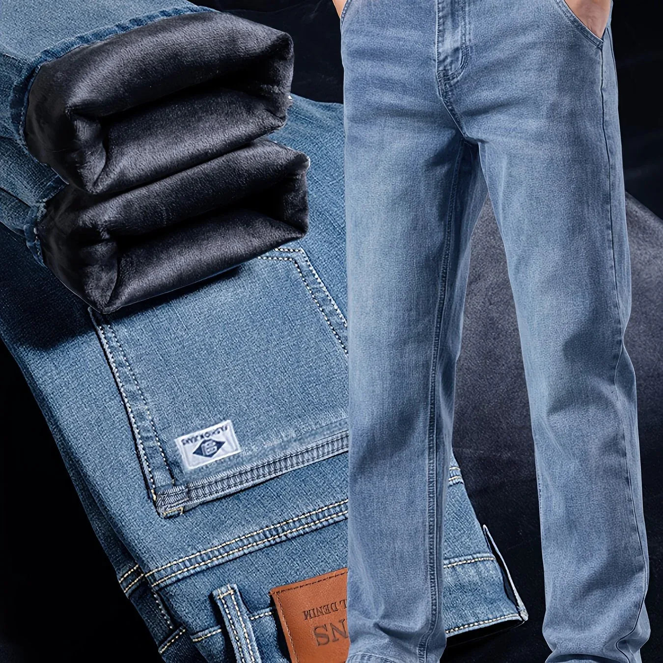 Winter New Arrival Fleece-Lined Thickened Minimalist Stretch blue trousers, long pants