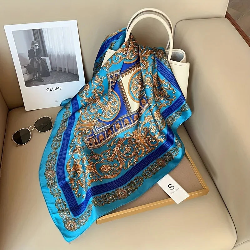 British Style Scarf for Women, Lightweight Paisley Print Small Square Scarf, Fashionable Retro Faux Silky Decorative Shawl.