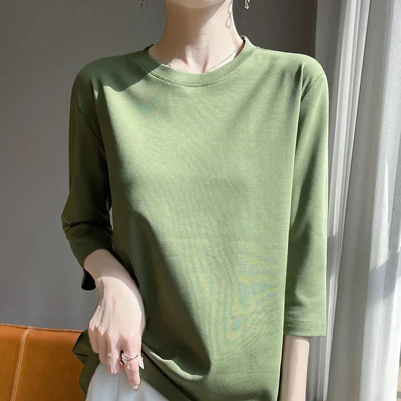 Mercerized Cotton Cropped Sleeve Female Spring And Summer 2023 New Round Neck Loose 100% Cotton Short Sleeve Bottoming T-Shirt
