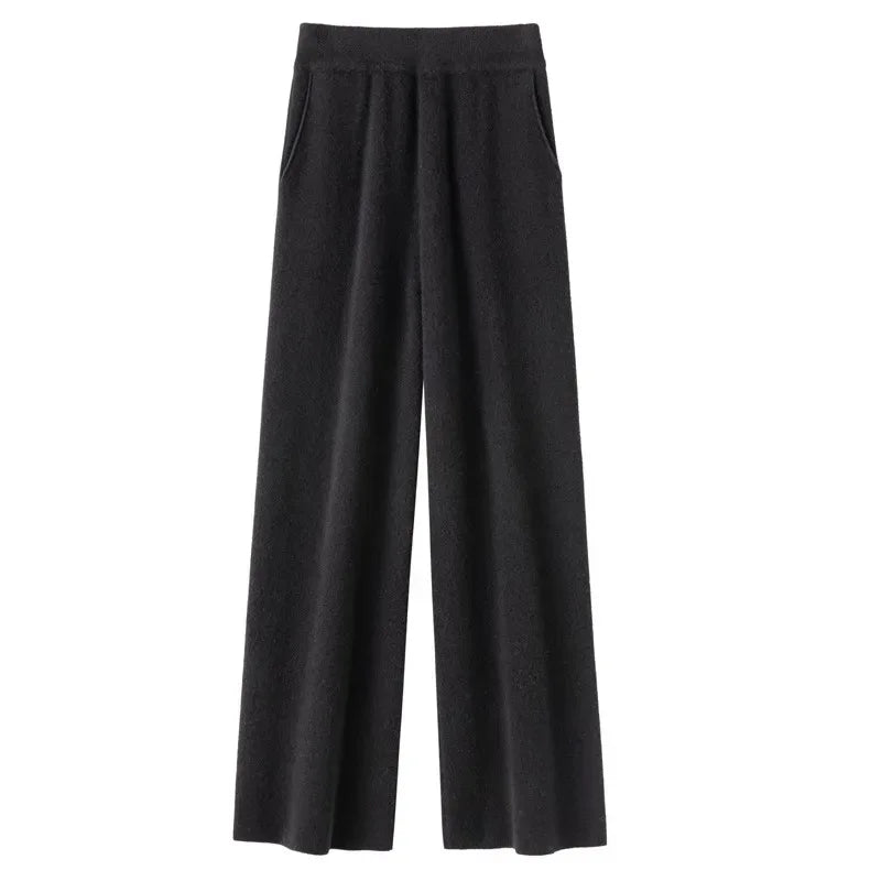Elegant Pure High Waist Drooping Wide-Leg Pants Women's Outer Wear with Pockets Baggy Straight Trousers Knitted Mop Trousers
