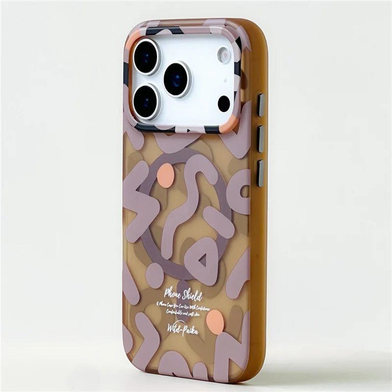 Standing brown graffiti iPhone 17 MagSafe case showing slim TPU frame