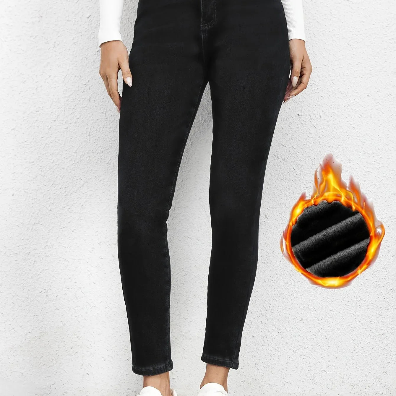 Plain Fleece Liner Skinny Jeans, Slim Fit Mid-Stretch Keep Warm Casual Denim Pants, Women's Denim Jeans & Clothing