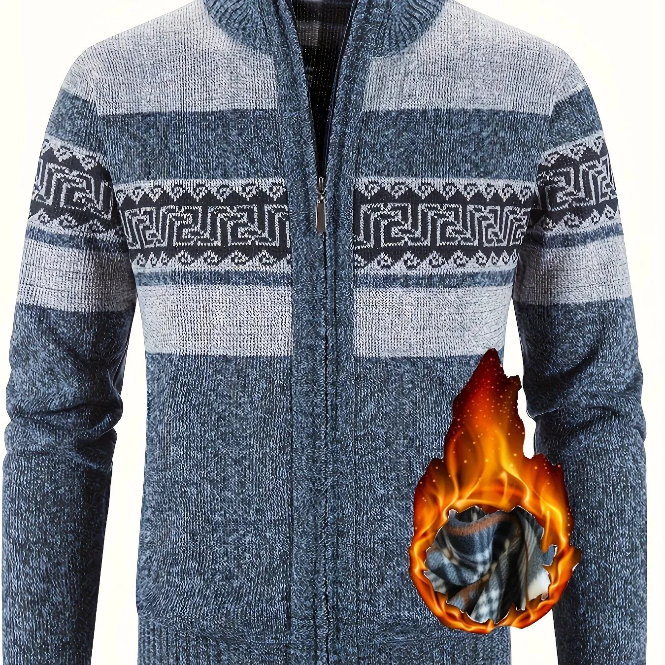 Men's Thermal Fleece-Lined Sport Knit Sweater with Zipper Pockets - Ethnic Wave Pattern, Stand Collar, Long Sleeve for Hiking, Cycling & Casual Winter Wear - Father’s Day Gift, Winter Knit Fabric