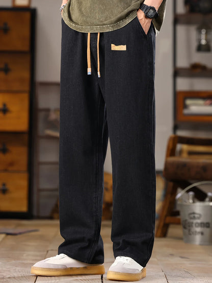 Men's Korean Style Light Blue Jeans 2025 Spring/Autumn New Washed Durable Comfortable Drawstring Straight-Leg Pants, Stylish and Versatile Casual Trousers Suitable for All Seasons by Gengyuan