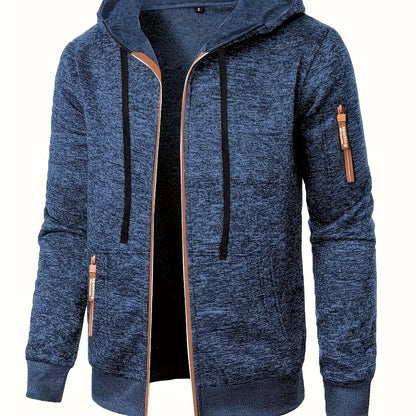 Men'S Hooded Zip-Up Sweater Jacket - Long Sleeve Thin Fleece-Lined Casual Outerwear with Front Pockets, Solid Black, Regular Fit for Fall & Winter, Autumn Winter Apparel | Hooded Sweater | Zippered Jacket, Knit, Men Hoodie Zi
