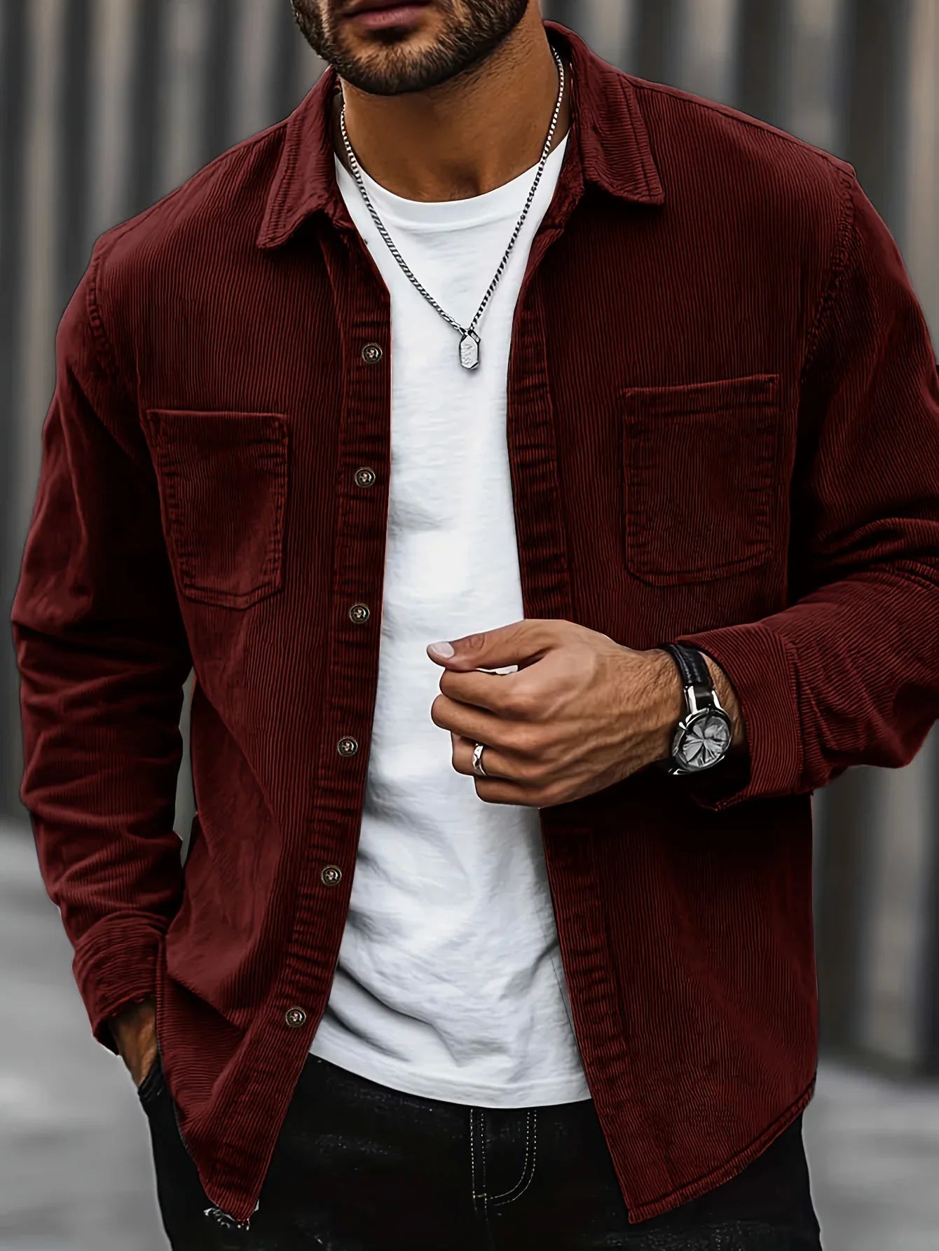 Men'S Corduroy Casual Shirt Jacket - Classic Collar, Button-Up Long Sleeve with Double Chest Pockets, Light Blue, Perfect for Spring & Fall, Everyday Fashion, Street Style, and Office Wear