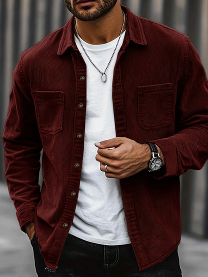 Men'S Corduroy Casual Shirt Jacket - Classic Collar, Button-Up Long Sleeve with Double Chest Pockets, Light Blue, Perfect for Spring & Fall, Everyday Fashion, Street Style, and Office Wear