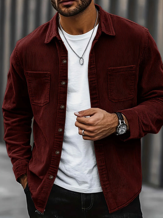 Men'S Corduroy Casual Shirt Jacket - Classic Collar, Button-Up Long Sleeve with Double Chest Pockets, Light Blue, Perfect for Spring & Fall, Everyday Fashion, Street Style, and Office Wear