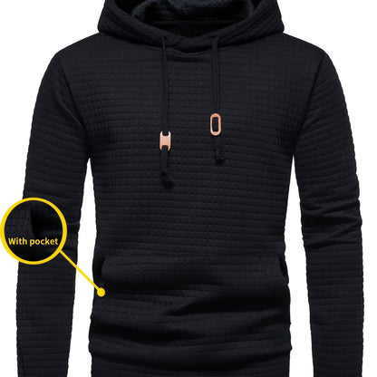 Waffle Pattern Solid Hoodie, Cool Hoodies for Men, Men'S Casual Pullover Hooded Sweatshirt with Kangaroo Pocket Streetwear for Winter Fall, As Gifts - Black With Pockets / NZ 40