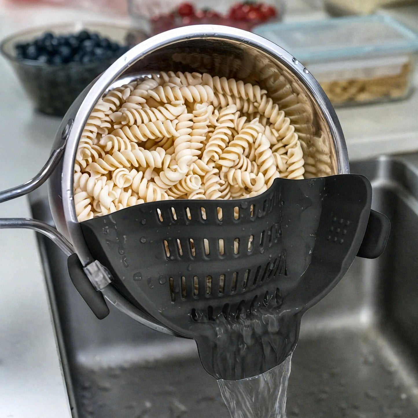 1pc ABERZEY Clip-On Strainer for Pots & Pans - Durable Plastic Kitchen Colander for Pasta, Meat, Vegetables, Fruits - Easy Drainage & Compact Design, Strainer for Pasta, Vegetable Preparation, Modern Kitchenware, Efficient Dr