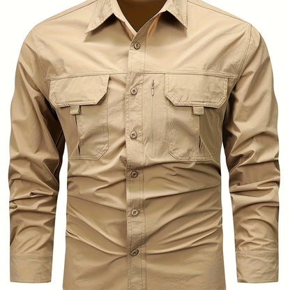 Spring And Autumn Casual Men's Long Sleeve Sunscreen Quick-drying Shirt With Multi-pockets For Outdoor Fishing