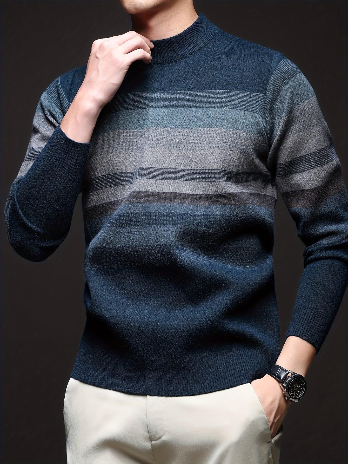 Men'S Thickened Sweater - Navy Blue & Gray Horizontal Stripes, Long Sleeve Round Neck Pullover for Fall/Winter, Casual & Formal Outfits - Everyday & Special Occasion Top, Knit