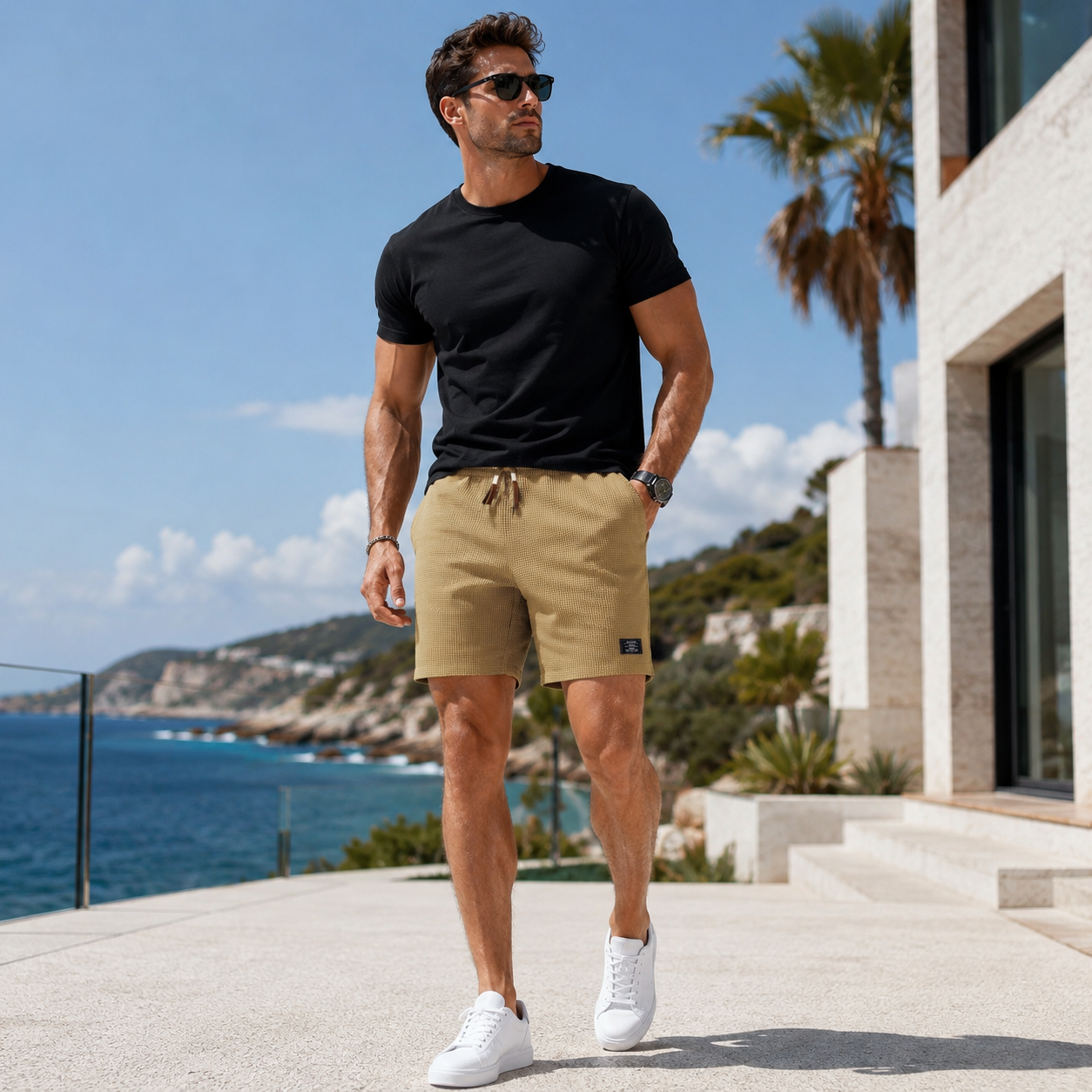 Textured Drawstring Casual Shorts