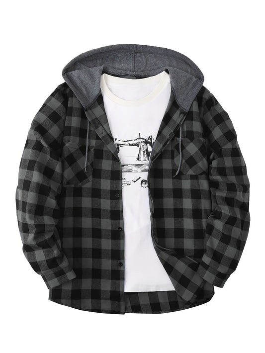 Men's Fashion Hooded Plaid Trendy Shirt Hooded Plaid Sweatshirt, Autumn/Winter Essentials, New Season