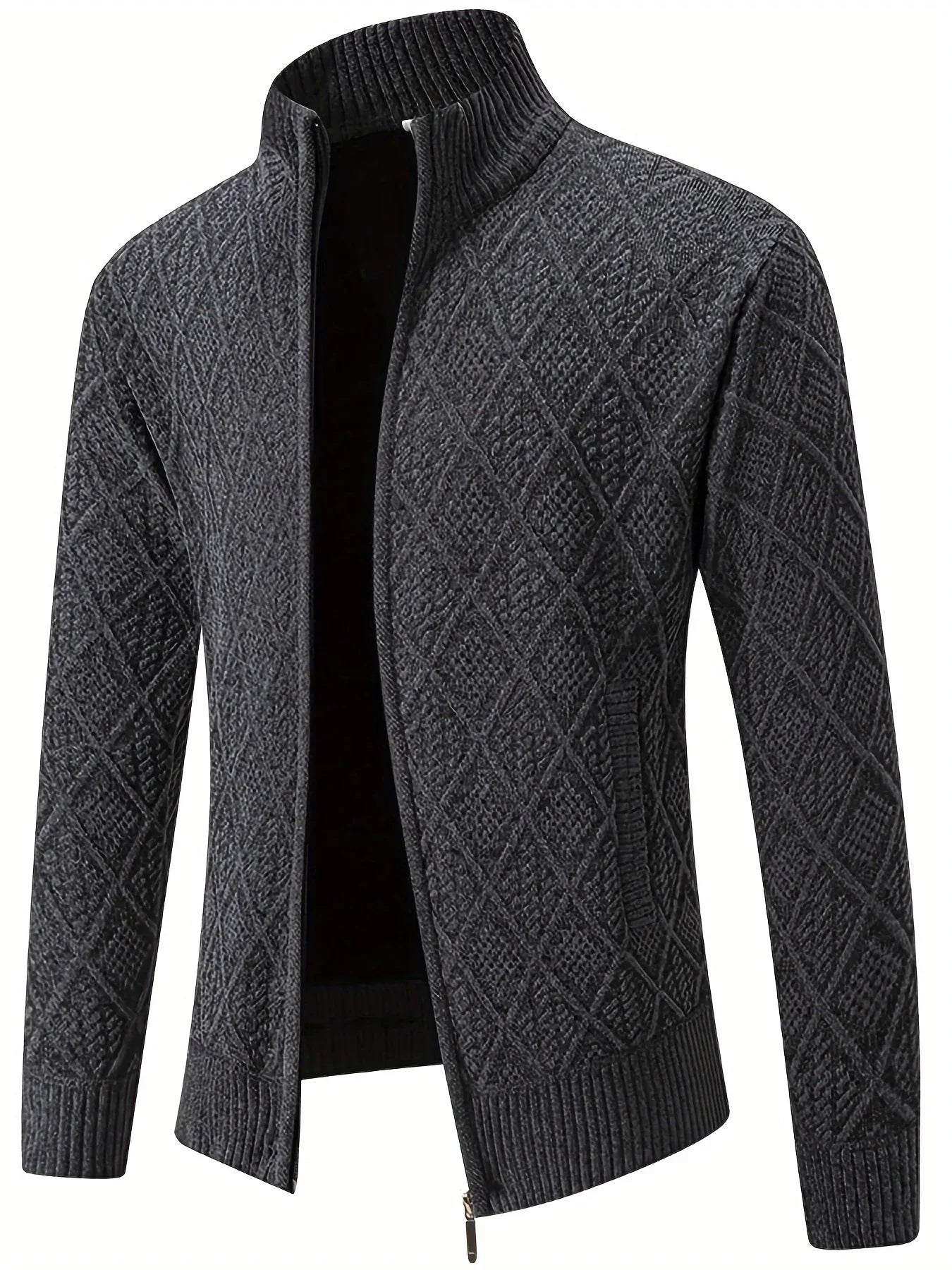 Men's Knitted Sweater Korean Style Autumn and Winter Trendy Casual Stand Collar Cardigan Jacket for Men, Comfortable and Versatile Rhombus Pattern
