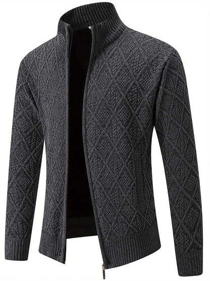 Men's Knitted Sweater Korean Style Autumn and Winter Trendy Casual Stand Collar Cardigan Jacket for Men, Comfortable and Versatile Rhombus Pattern