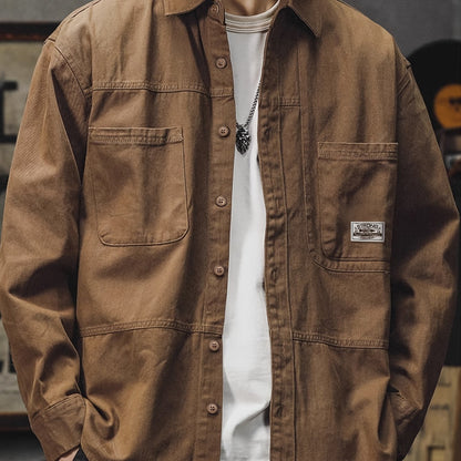 Men'S Cargo Shirt Spring Autumn Long Sleeve Top Vintage Workwear Style Multi-Pocket American Casual Top Outerwear, New Season - Dark Brown / NZ 34