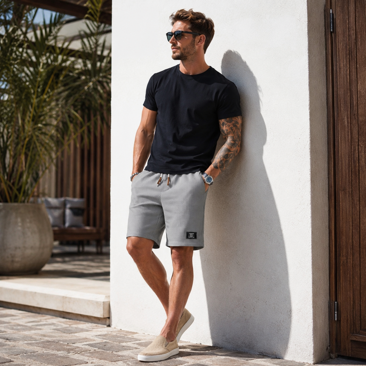 Textured Drawstring Casual Shorts