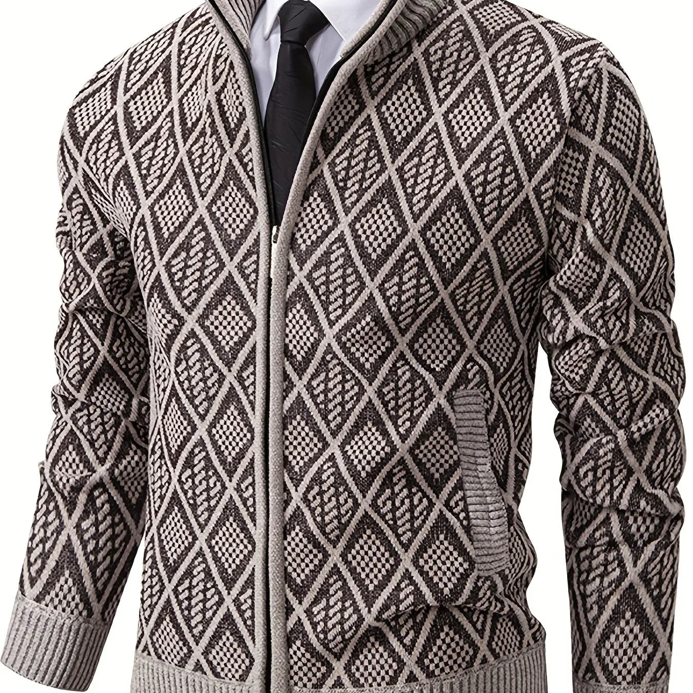 Men's Knitted Sweater Korean Style Autumn and Winter Trendy Casual Stand Collar Cardigan Jacket for Men, Comfortable and Versatile Rhombus Pattern