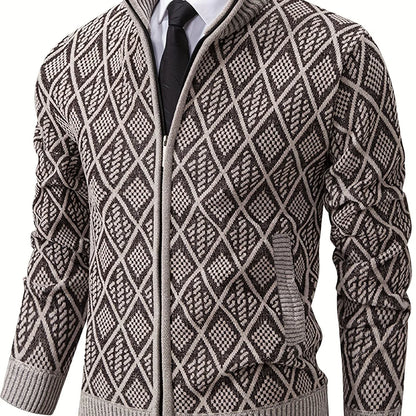 Men's Knitted Sweater Korean Style Autumn and Winter Trendy Casual Stand Collar Cardigan Jacket for Men, Comfortable and Versatile Rhombus Pattern