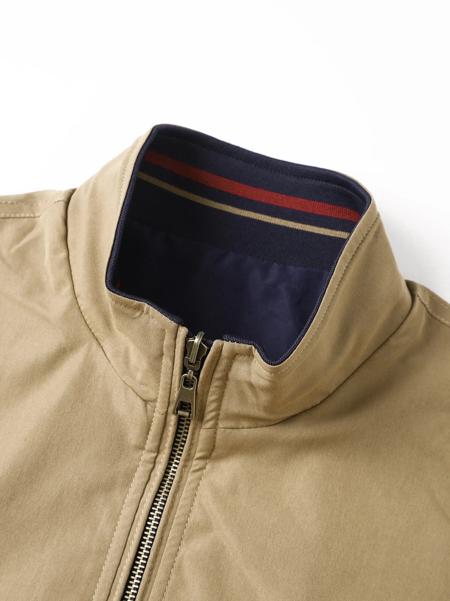 Men's Zip-Up Jacket with Stand Collar - Front Zipper Closure, Beige/ Navy Color Block, Lightweight Polyester Outer Coat for Casual & Formal Events - Machine Washable Everyday Outerwear