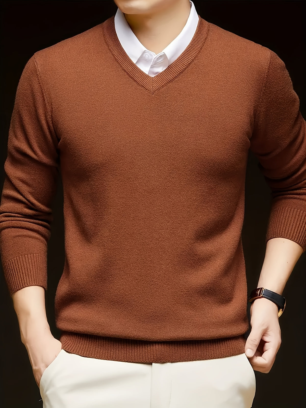 Cross-Border New Autumn Winter Men'S Solid Color V-Neck Knit Sweater Pullover (Men'S Warm Top)