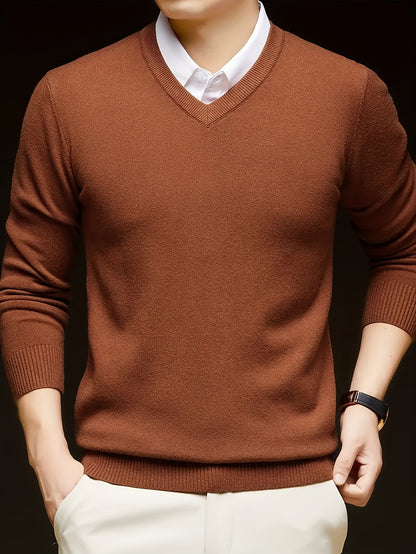Cross-Border New Autumn Winter Men'S Solid Color V-Neck Knit Sweater Pullover (Men'S Warm Top)