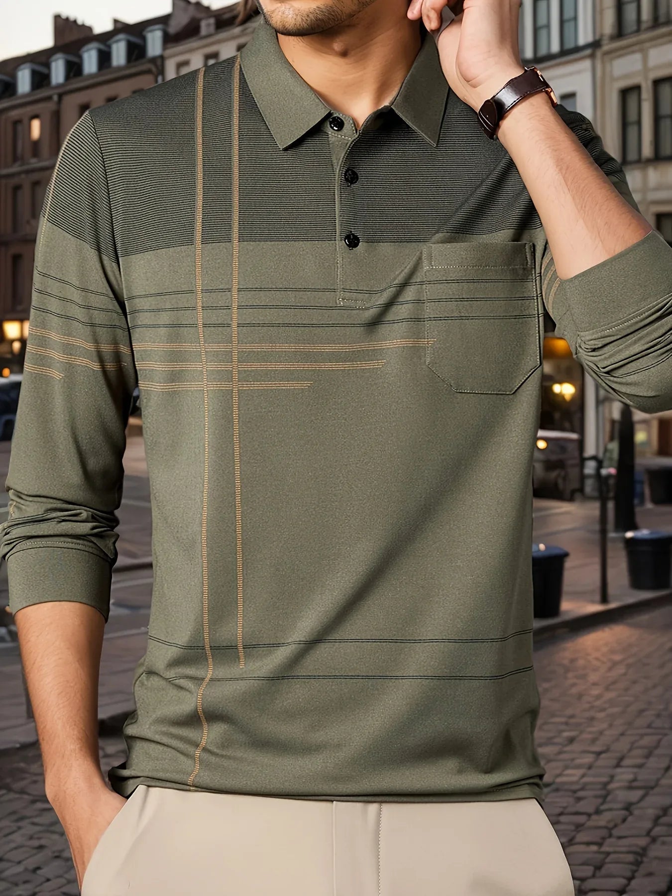Men's Vintage-Inspired Striped Shirt with Chest Pocket - Breathable, Long Sleeve, Button Detail for Golf & Outdoor Activities