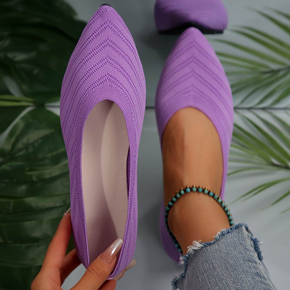 [Pointed Toe Breathable Flats] Women's Pointed Toe Flat Shoes, Solid Color Knitted Slip On Shoes, Casual Breathable Ballet Flats - Montero Milan
