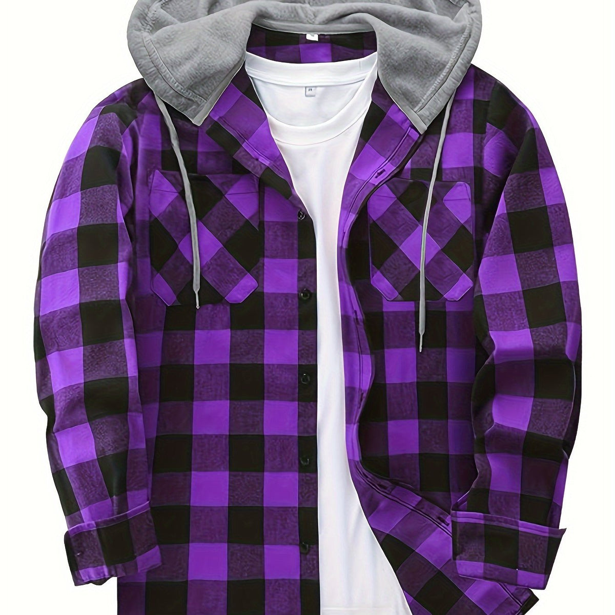 Men's Fashion Hooded Plaid Trendy Shirt Hooded Plaid Sweatshirt, Autumn/Winter Essentials, New Season - Dark Violet / NZ 36