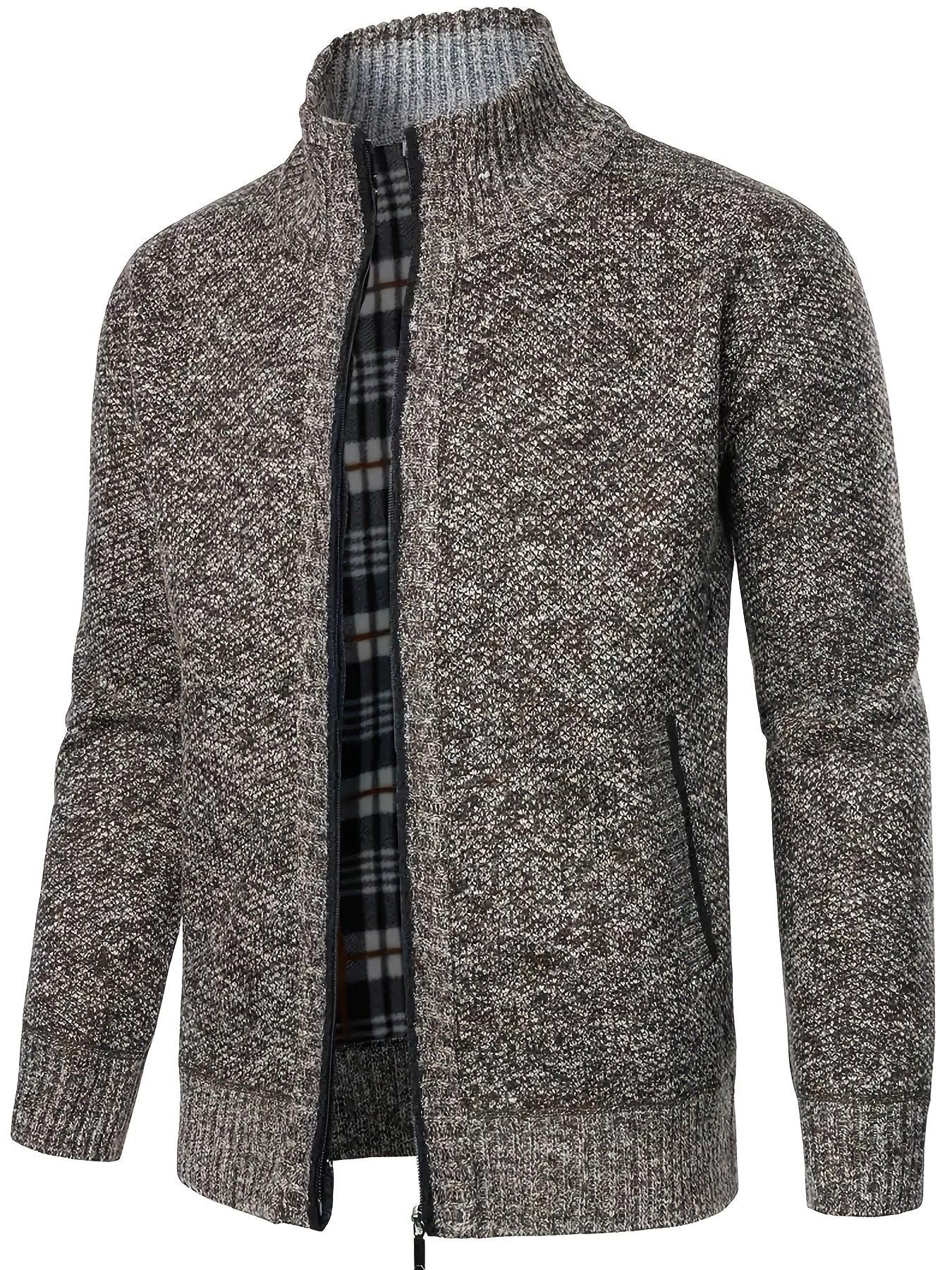 Men'S Thick Fleece Zip-Up Cardigan - Casual Long Sleeve Knit Sweater with Stand Collar, Solid Color, Regular Fit for Fall/Winter, Comfortable Layering Piece, Winter Cardigan, Autumn Outerwear, Modern Casualwear, Durable Fabri