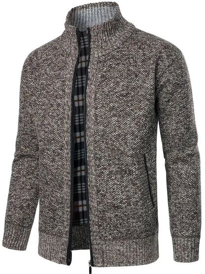 Men'S Thick Fleece Zip-Up Cardigan - Casual Long Sleeve Knit Sweater with Stand Collar, Solid Color, Regular Fit for Fall/Winter, Comfortable Layering Piece, Winter Cardigan, Autumn Outerwear, Modern Casualwear, Durable Fabri