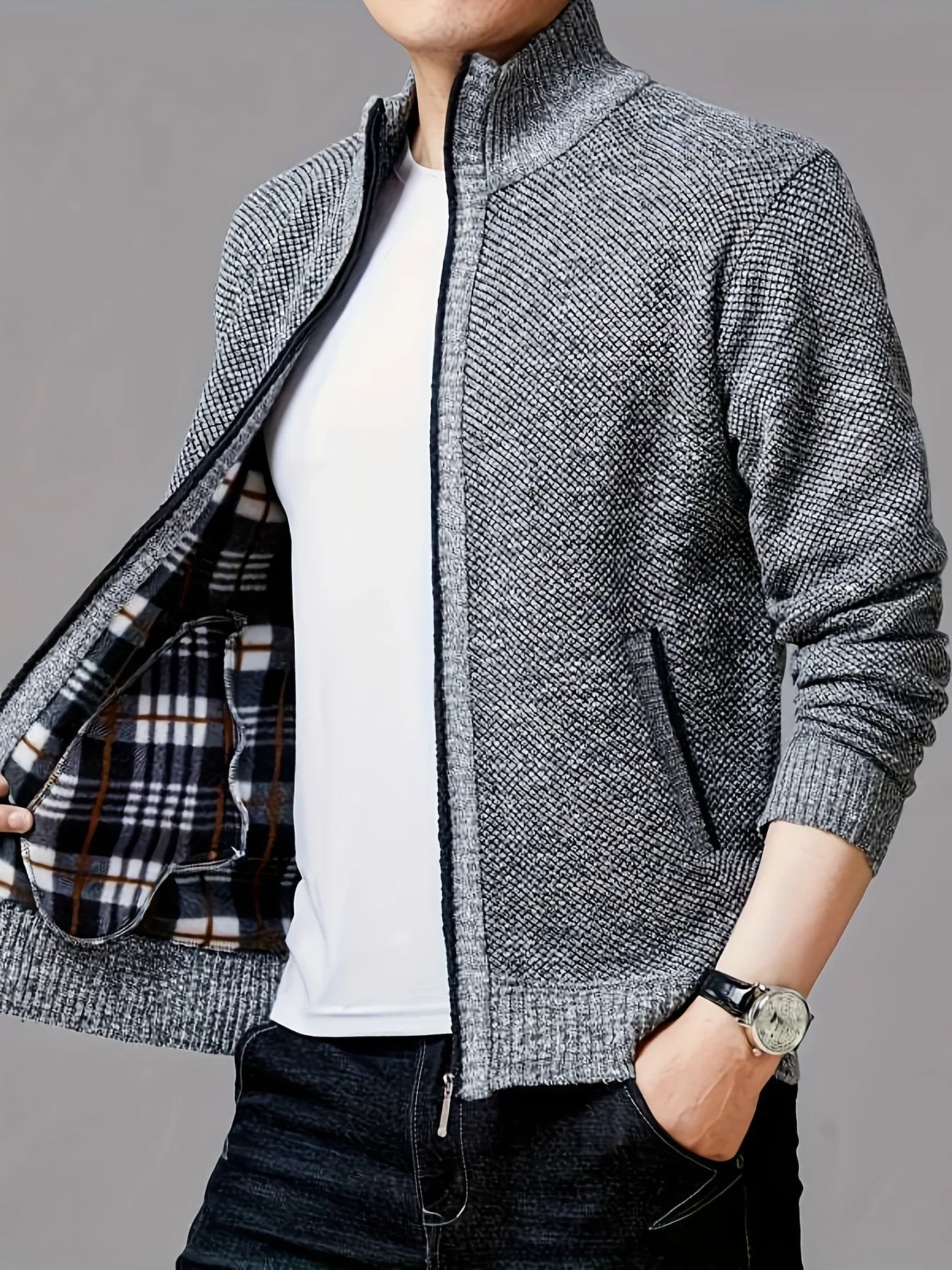 Men'S Thick Fleece Zip-Up Cardigan - Casual Long Sleeve Knit Sweater with Stand Collar, Solid Color, Regular Fit for Fall/Winter, Comfortable Layering Piece, Winter Cardigan, Autumn Outerwear, Modern Casualwear, Durable Fabri