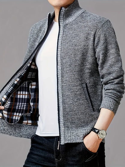 Men'S Thick Fleece Zip-Up Cardigan - Casual Long Sleeve Knit Sweater with Stand Collar, Solid Color, Regular Fit for Fall/Winter, Comfortable Layering Piece, Winter Cardigan, Autumn Outerwear, Modern Casualwear, Durable Fabri