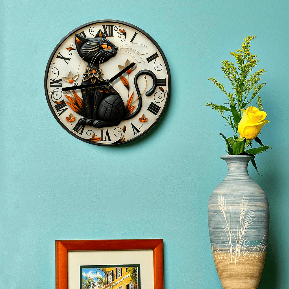Silent Aluminum Wall Clock with Black Cat Design - Montero Milan