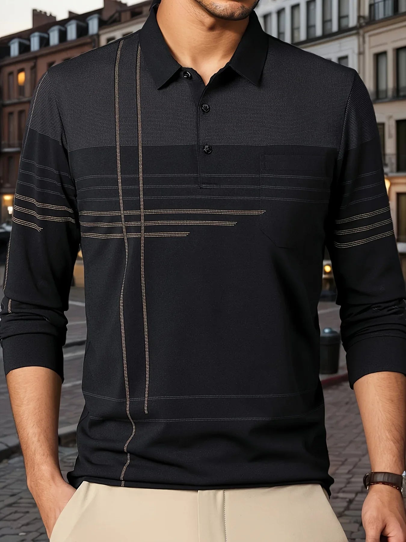 Men's Vintage-Inspired Striped Shirt with Chest Pocket - Breathable, Long Sleeve, Button Detail for Golf & Outdoor Activities