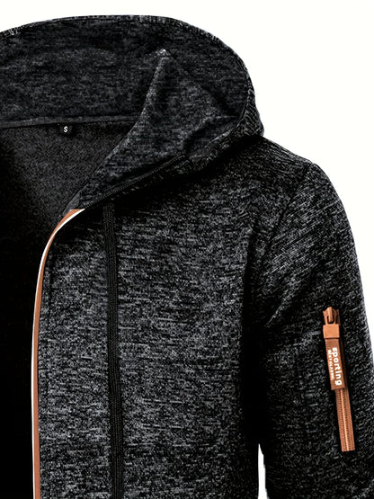 Men'S Hooded Zip-Up Sweater Jacket - Long Sleeve Thin Fleece-Lined Casual Outerwear with Front Pockets, Solid Black, Regular Fit for Fall & Winter, Autumn Winter Apparel | Hooded Sweater | Zippered Jacket, Knit, Men Hoodie Zi