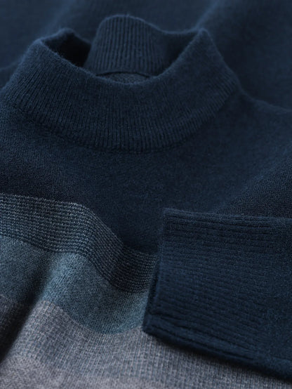 Men'S Thickened Sweater - Navy Blue & Gray Horizontal Stripes, Long Sleeve Round Neck Pullover for Fall/Winter, Casual & Formal Outfits - Everyday & Special Occasion Top, Knit