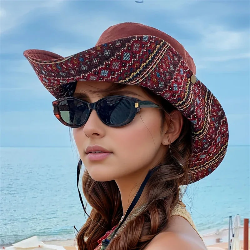 2-Way Adjustable Women's Bohemian Embroidered Sun Hat - Wide Brim Windproof Fisherman Hat with Vibrant Geometric Patterns, All-Season Outdoor Travel & Hiking Accessory for Beach, Mountaineering, Tourism, Fishing Hat, Mountain
