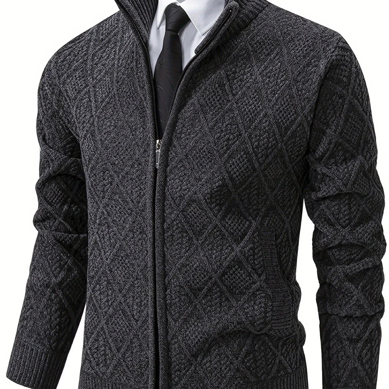 Men's Knitted Sweater Korean Style Autumn and Winter Trendy Casual Stand Collar Cardigan Jacket for Men, Comfortable and Versatile Rhombus Pattern
