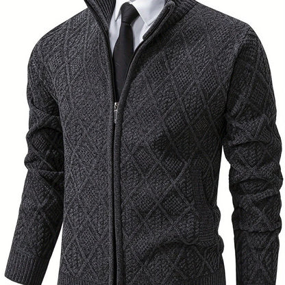 Men's Knitted Sweater Korean Style Autumn and Winter Trendy Casual Stand Collar Cardigan Jacket for Men, Comfortable and Versatile Rhombus Pattern