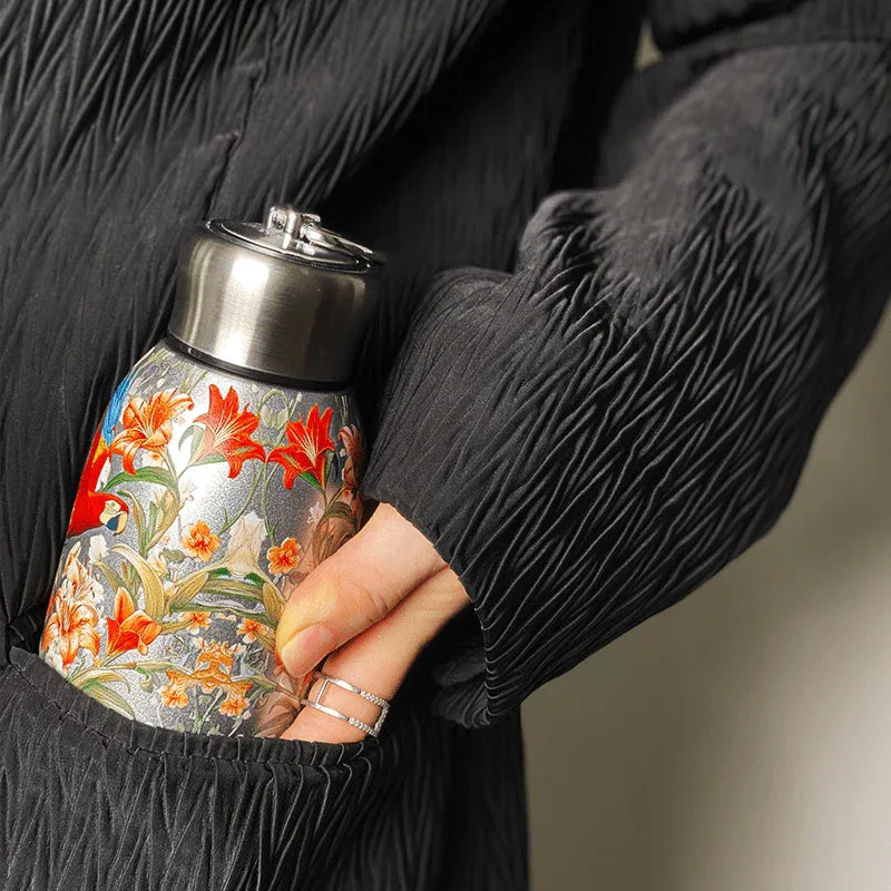 1pc Stainless Steel Vacuum Insulated Tumbler with Bird/Parrot/Leopard Pattern, 10oz Leak-Proof Travel Mug, Glossy Finish, Portable Handle, Artistic Drinkware, Perfect for Outdoor, Gym, Office, Ideal Holiday Gift for Christmas