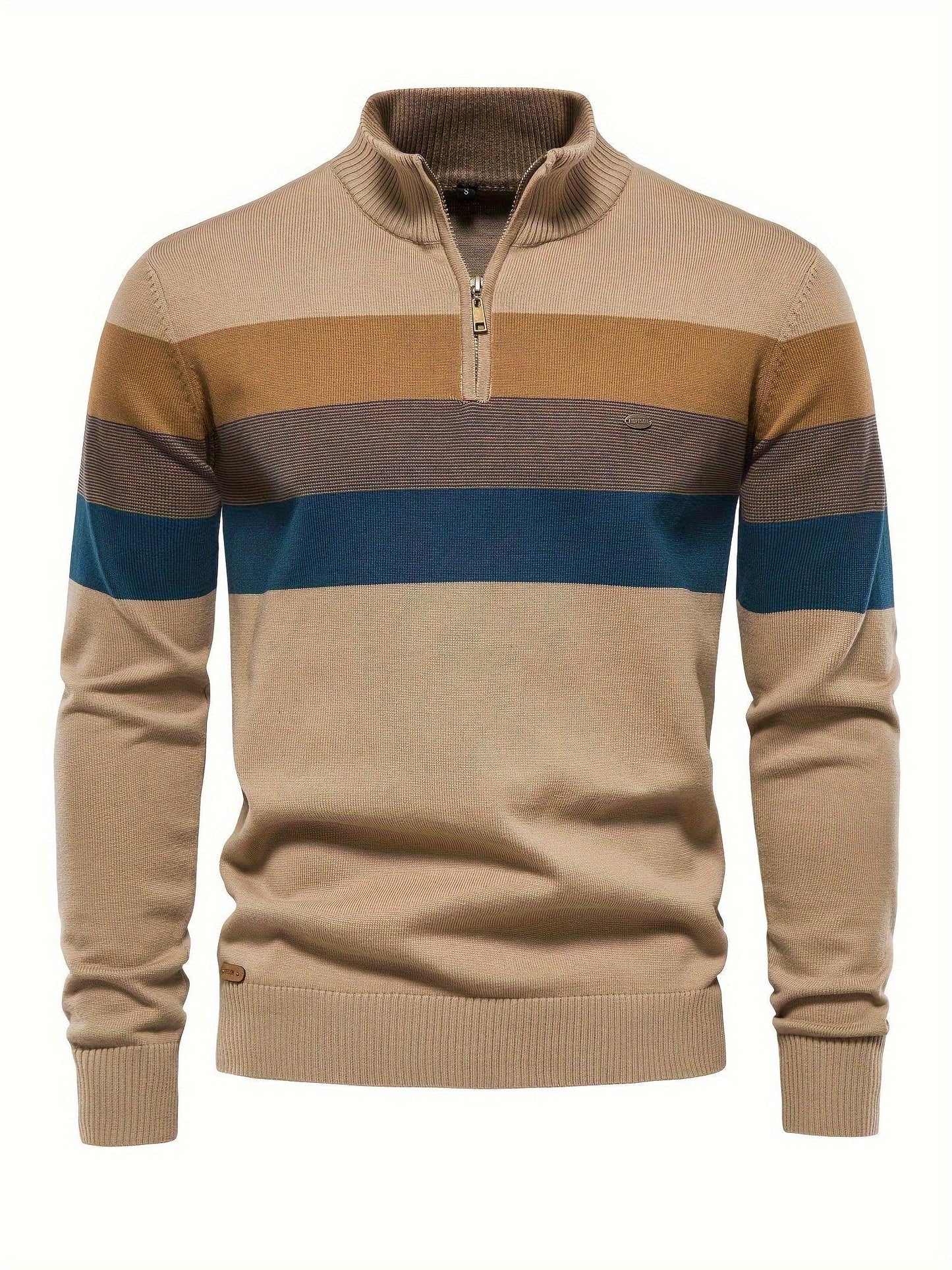 Men'S Thermal Stand Collar Sweater - Winter Knit Sweater with Zipper Closure, Black/Blue/Gray Horizontal Stripes, Regular Fit Pullover for Cold Weather, Formal & Everyday Outfits - Easy Care Sweater for Men, Sweater Zip Up, C